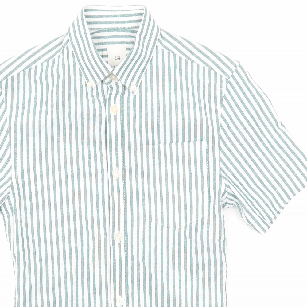 River Island Mens Green Striped Cotton Button-Up Size XS Collared Button