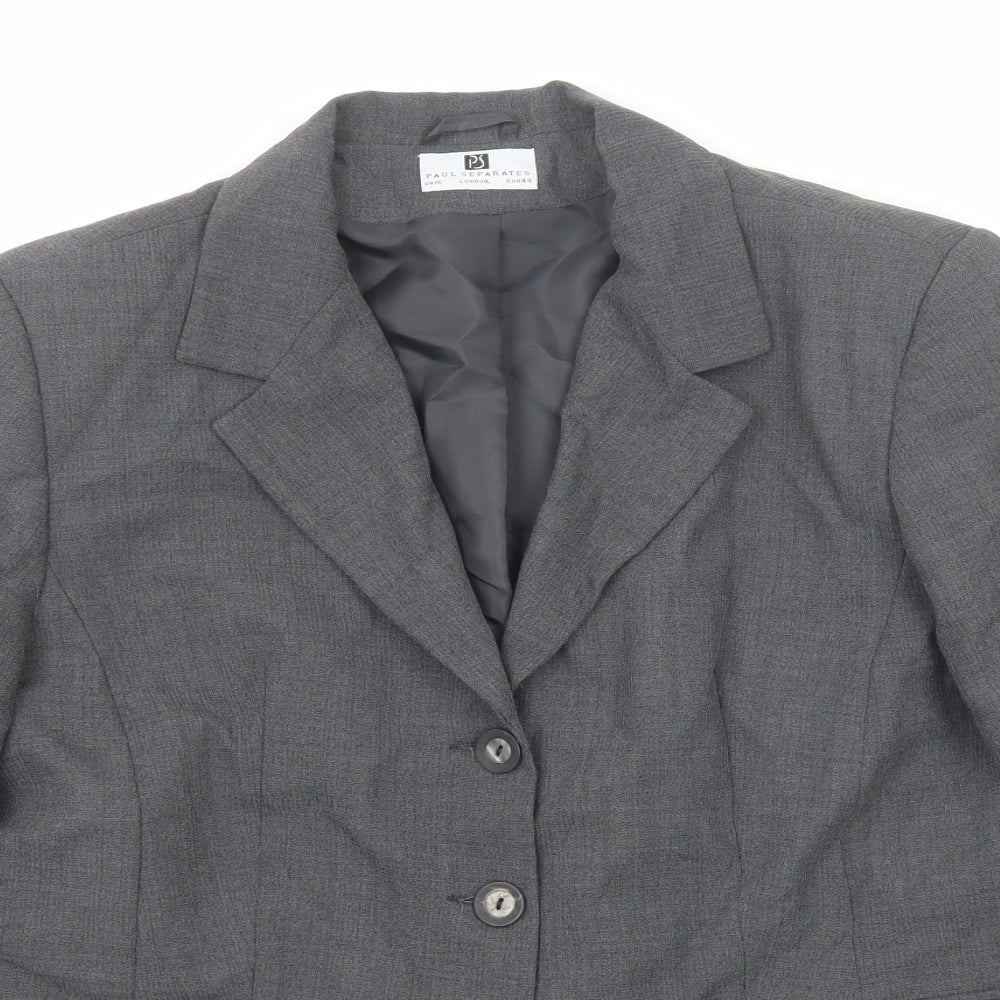 Close-up detail of Paul Seperates women’s grey polyester jacket suit jacket, size UK 16