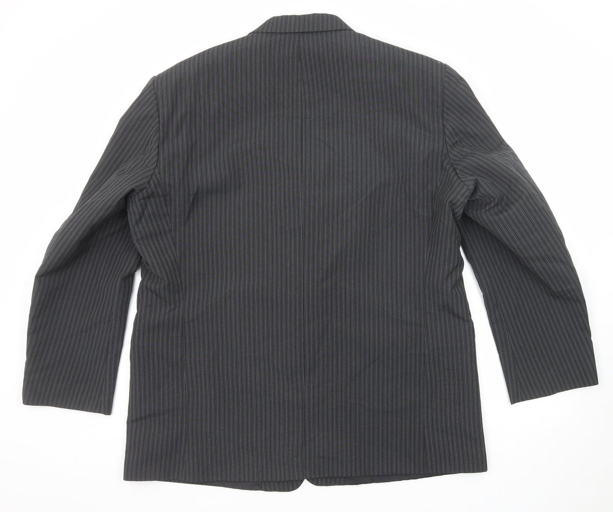 Back view of Emporium men’s grey striped polyester jacket suit jacket, size 46, regular