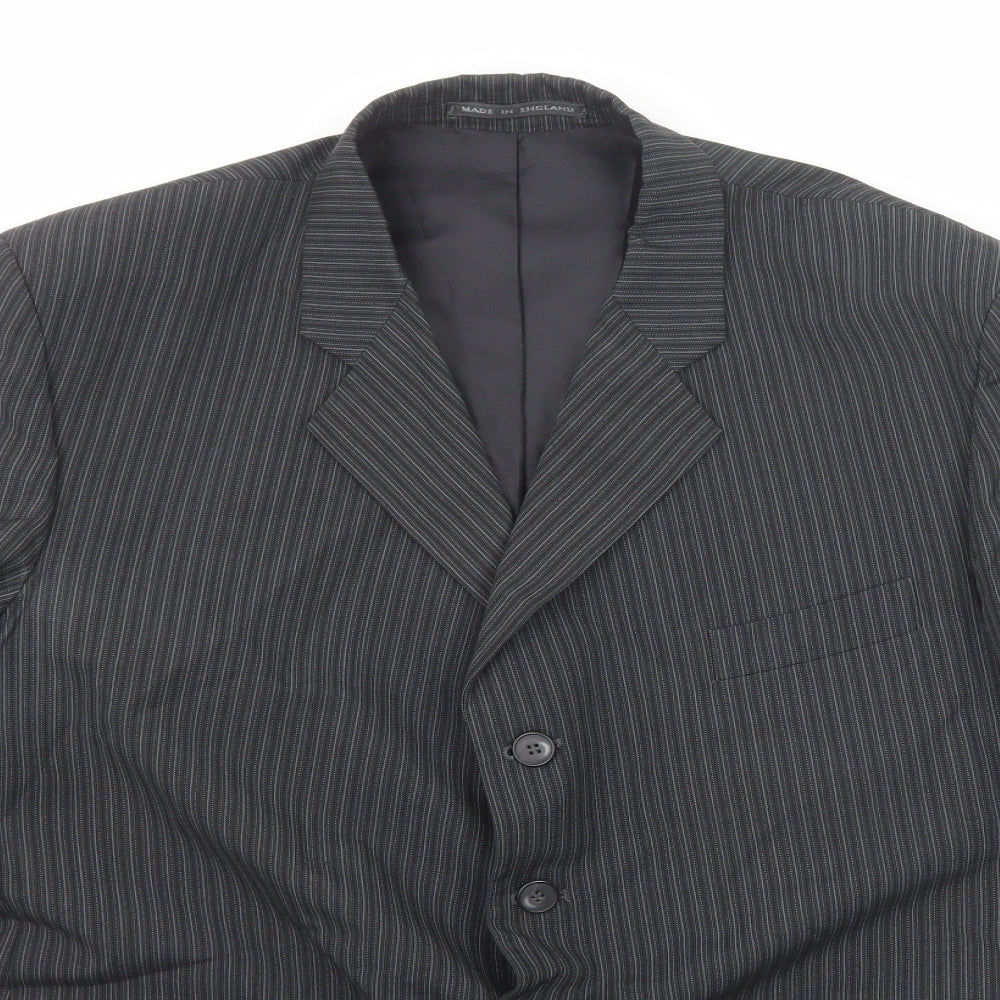 Close-up detail of Emporium men’s grey striped polyester jacket suit jacket, size 46, regular