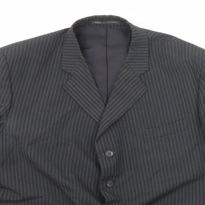 Close-up detail of Emporium men’s grey striped polyester jacket suit jacket, size 46, regular