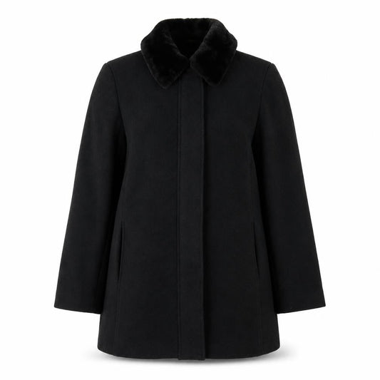 Front view of NuAge women’s black overcoat coat, size UK 12, zip - faux fur collar