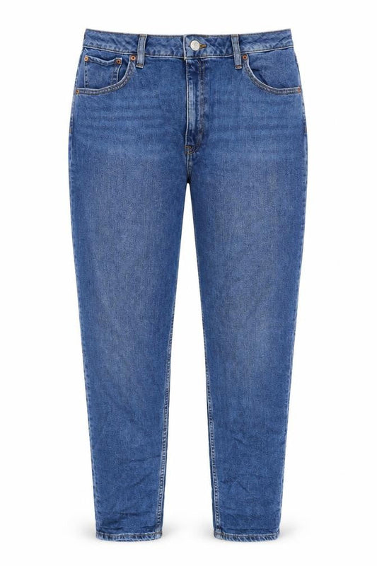 Front view of ASOS women’s blue cotton tapered jeans, size UK 32, in, 32-inch leg regular zip