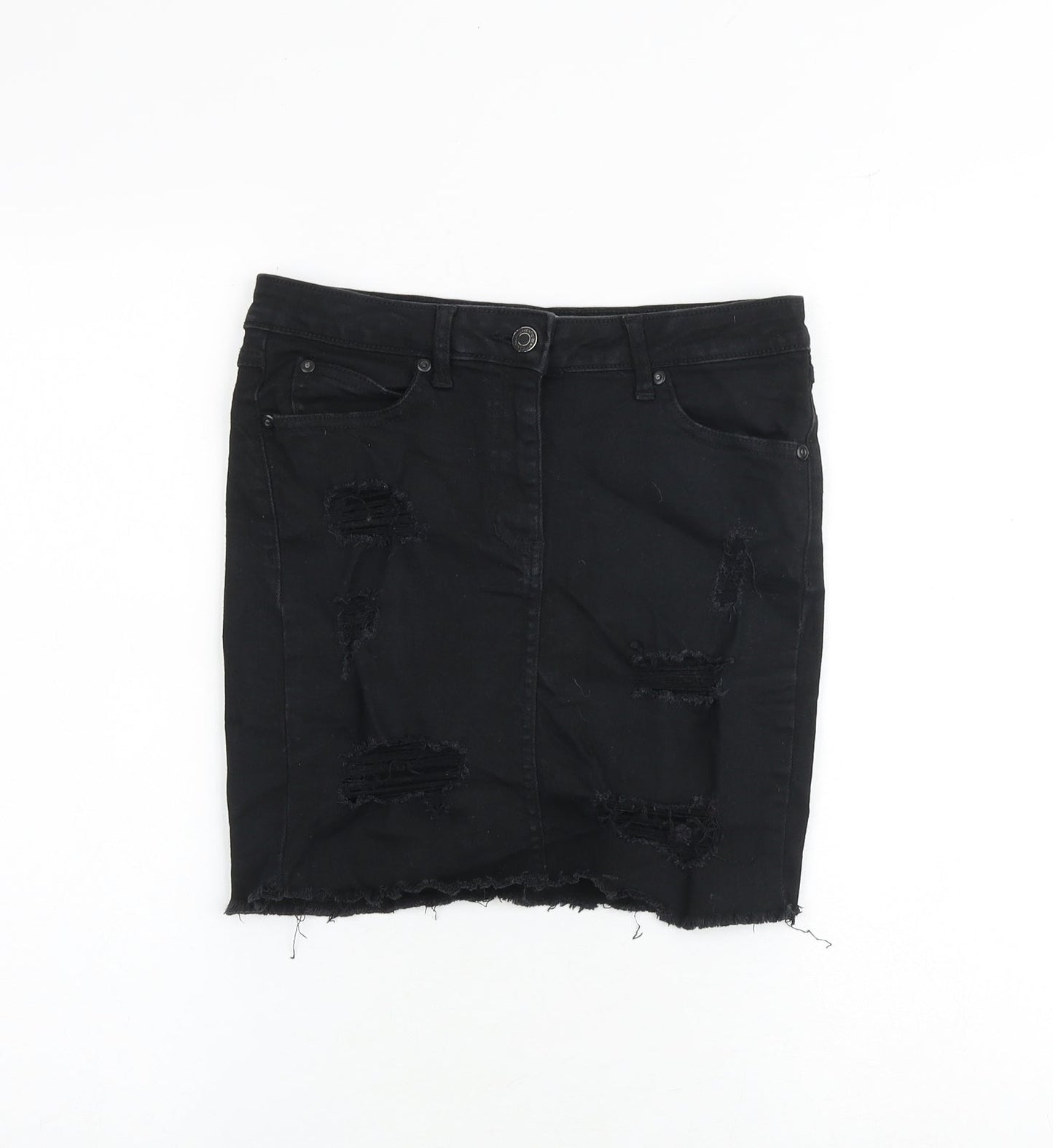 New Look Womens Black Cotton A-Line Skirt Size 8 Zip - Distressed look