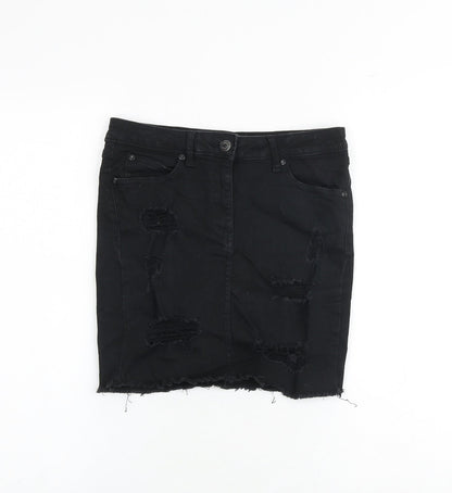 New Look Womens Black Cotton A-Line Skirt Size 8 Zip - Distressed look