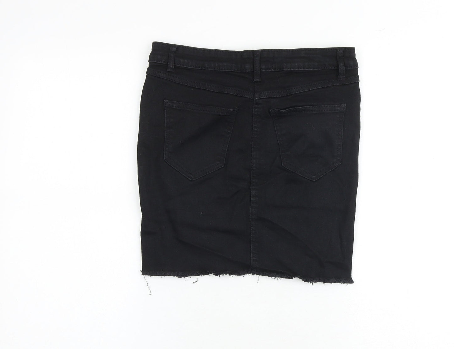 New Look Womens Black Cotton A-Line Skirt Size 8 Zip - Distressed look