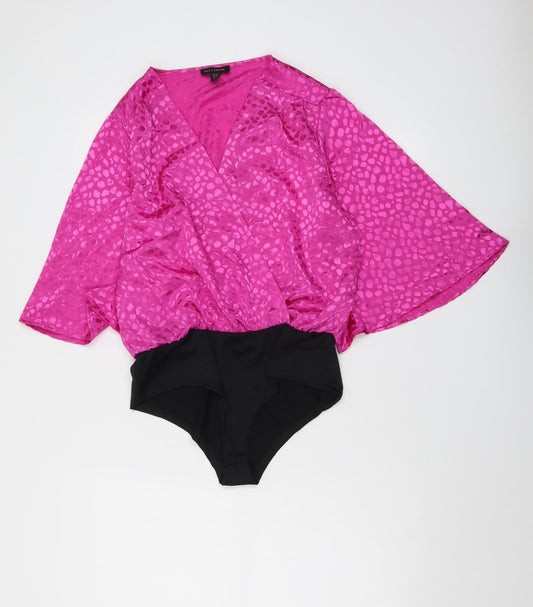 QED London Womens Pink Geometric Polyester Bodysuit One-Piece Size 12 Snap