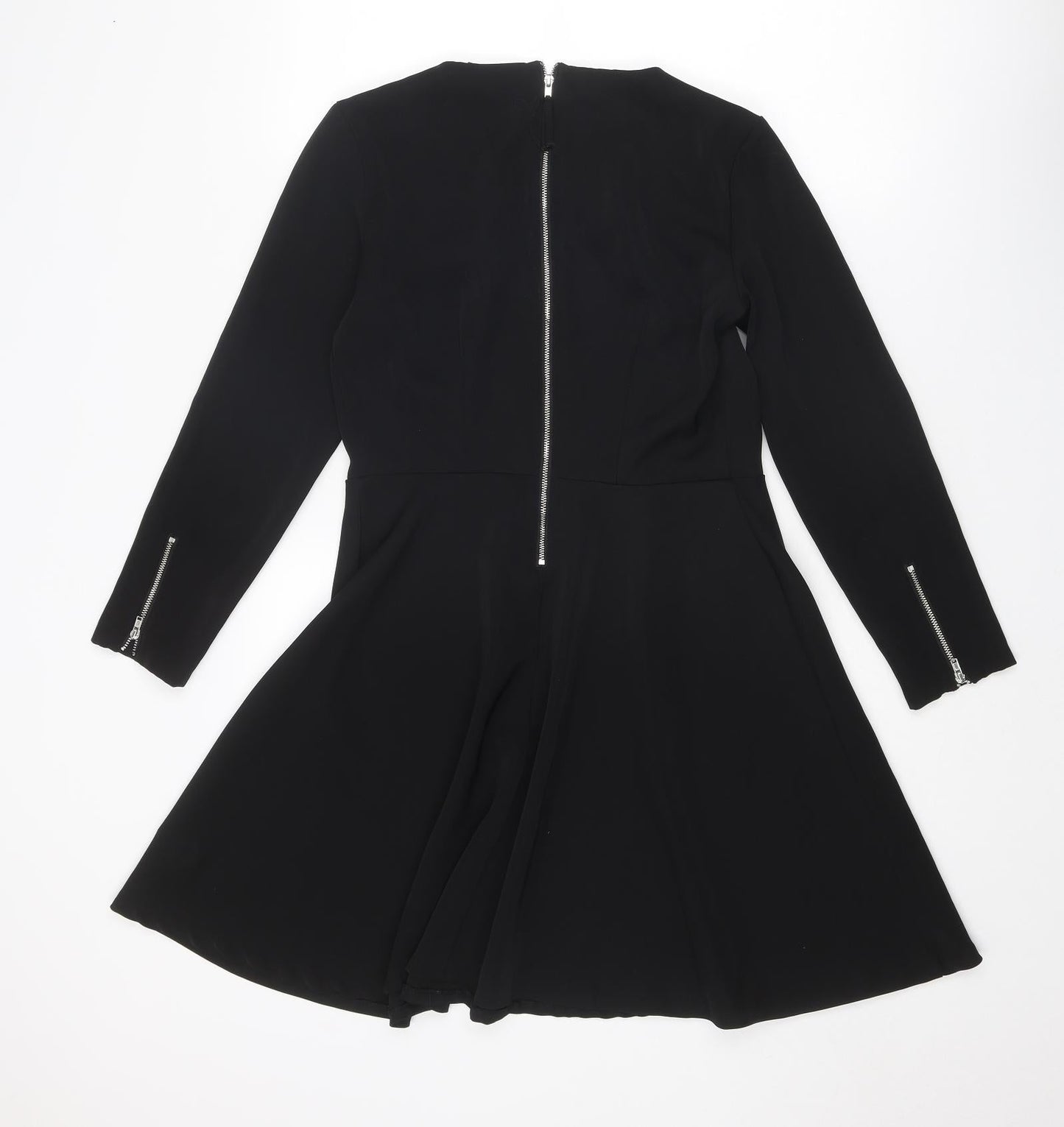 Monki Womens Black Polyester Fit & Flare Size 12 Round Neck Zip - Zip detail on sleeves