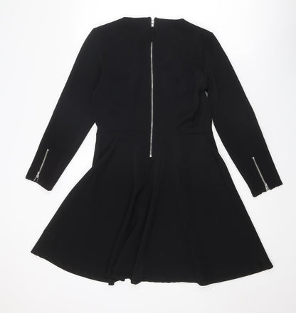 Monki Womens Black Polyester Fit & Flare Size 12 Round Neck Zip - Zip detail on sleeves