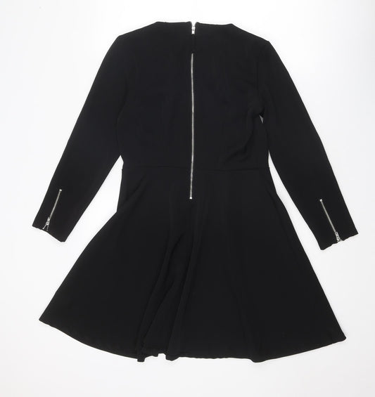 Monki Womens Black Polyester Fit & Flare Size 12 Round Neck Zip - Zip detail on sleeves
