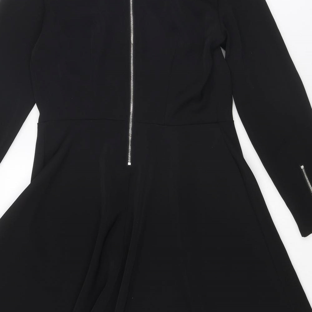 Monki Womens Black Polyester Fit & Flare Size 12 Round Neck Zip - Zip detail on sleeves