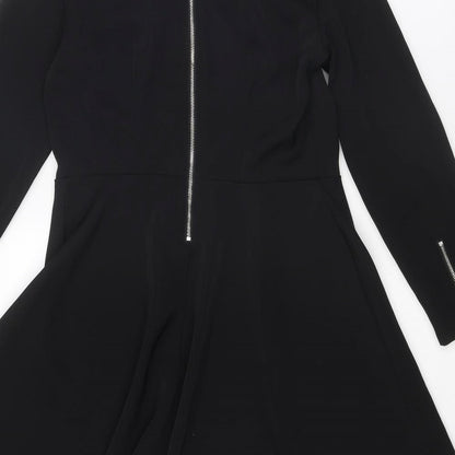 Monki Womens Black Polyester Fit & Flare Size 12 Round Neck Zip - Zip detail on sleeves