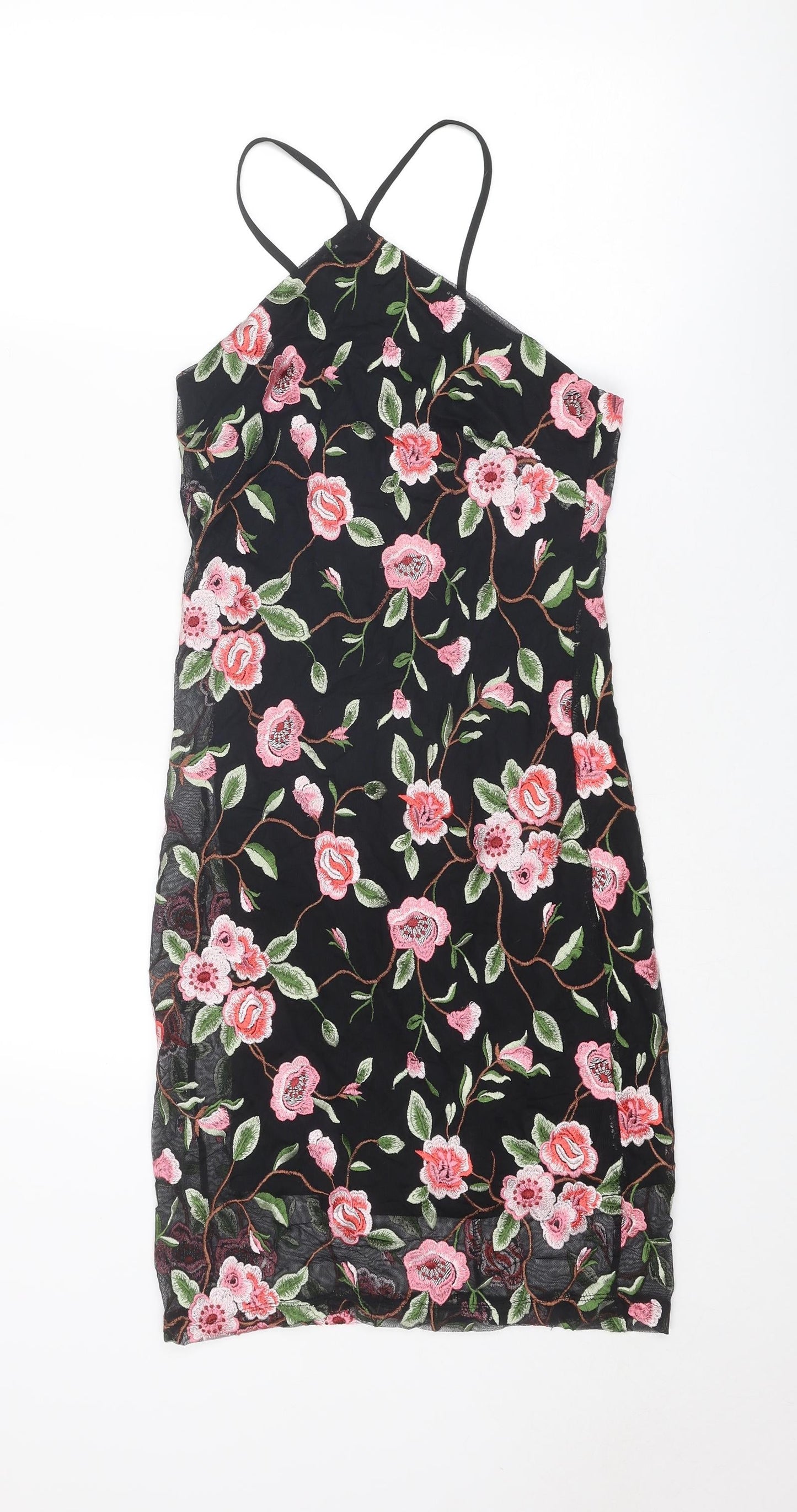 New Look Womens Black Floral Nylon Slip Dress Size 10 V-Neck Zip