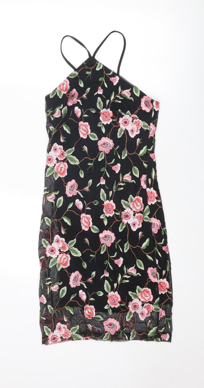 New Look Womens Black Floral Nylon Slip Dress Size 10 V-Neck Zip