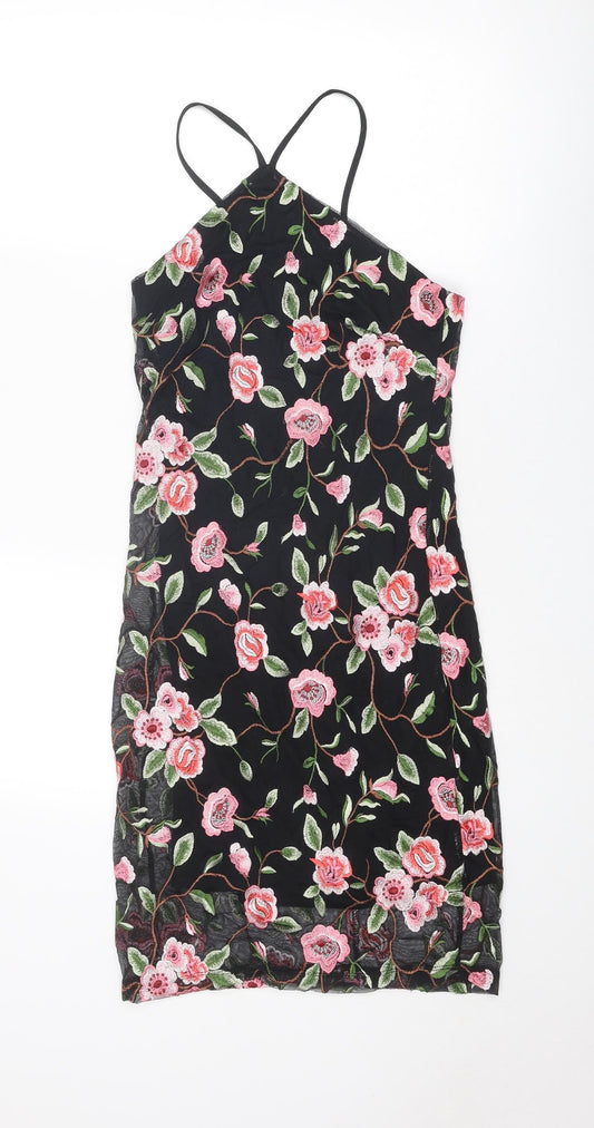 New Look Womens Black Floral Nylon Slip Dress Size 10 V-Neck Zip