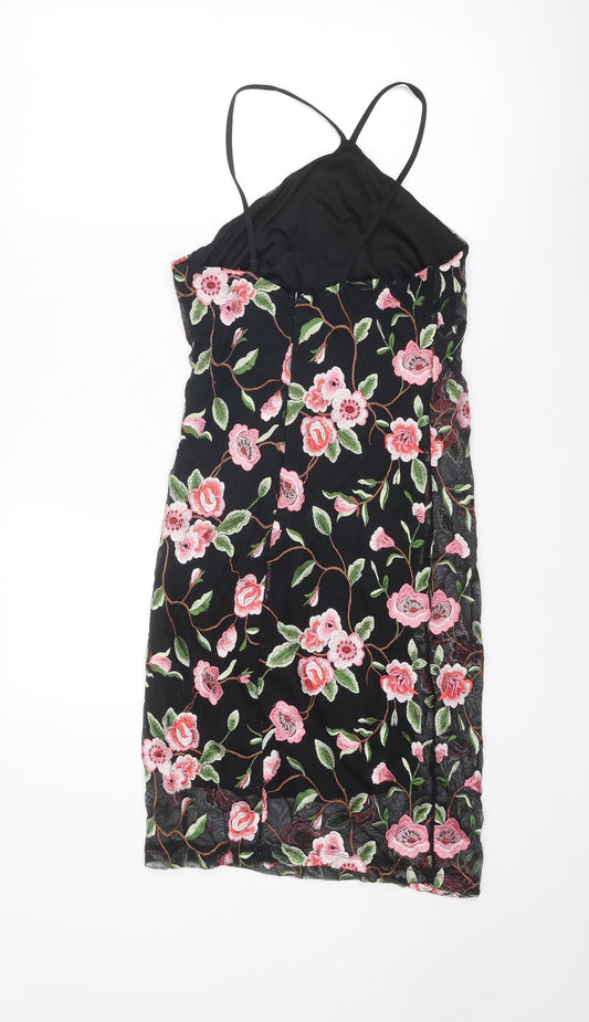 New Look Womens Black Floral Nylon Slip Dress Size 10 V-Neck Zip