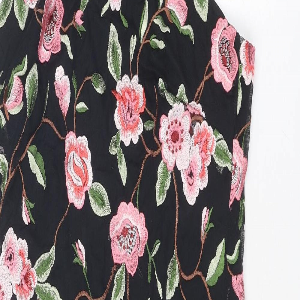 New Look Womens Black Floral Nylon Slip Dress Size 10 V-Neck Zip