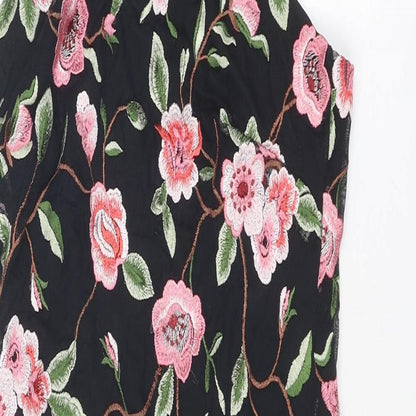 New Look Womens Black Floral Nylon Slip Dress Size 10 V-Neck Zip