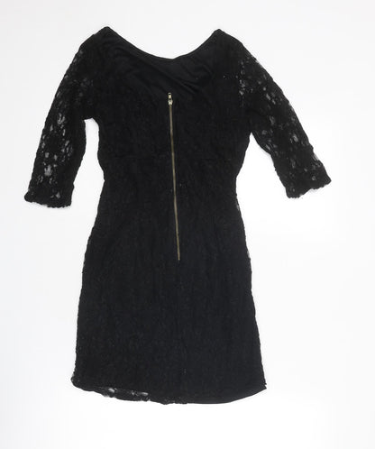 Warehouse Womens Black Floral Viscose A-Line Size 10 Round Neck Zip