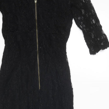 Warehouse Womens Black Floral Viscose A-Line Size 10 Round Neck Zip