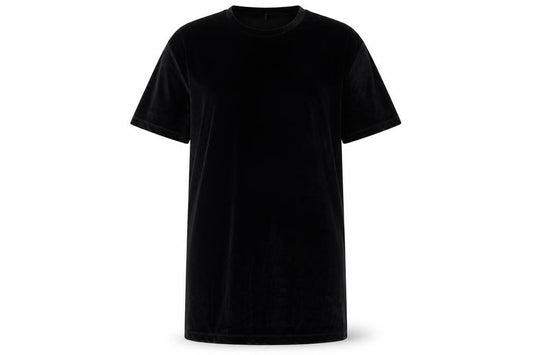 Front view of ASOS women’s black polyester t-shirt dress, size M, round neck pullover