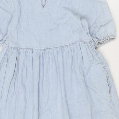 New Look Womens Blue Cotton A-Line Size 10 Round Neck Button