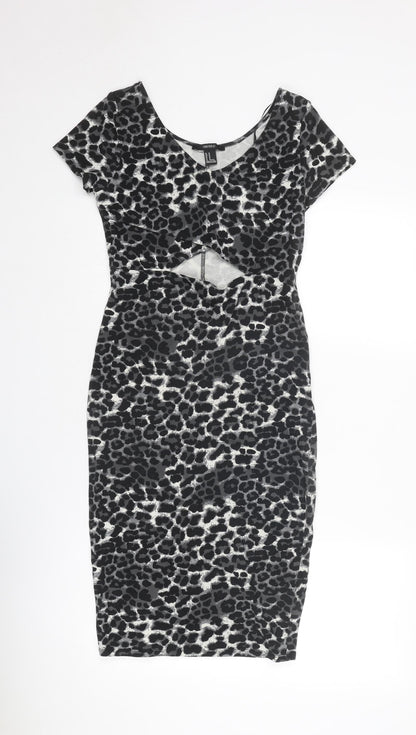 FOREVER 21 Womens Grey Animal Print Polyester Bodycon Size M V-Neck Pullover - Leopard pattern