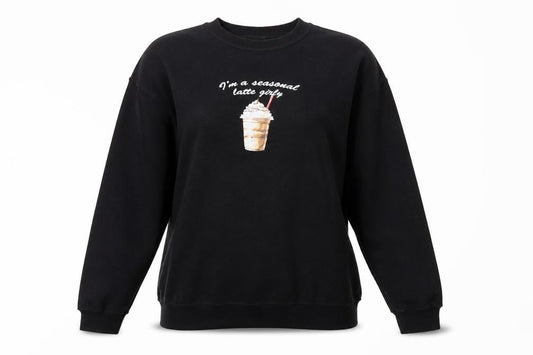 Front view of ASOS women’s black cotton pullover sweatshirt, size M, pullover - i'm a seasonal latte girl