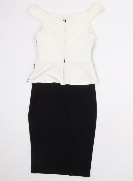 Lipsy Womens Black Colourblock Polyester Bodycon Size 8 Off the Shoulder Zip
