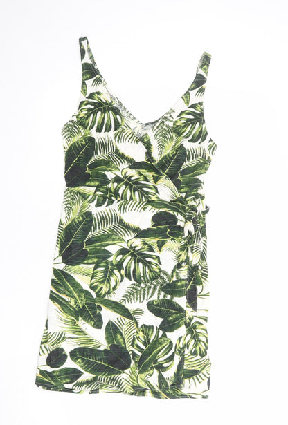 H&M Womens Multicoloured Geometric Cotton Tank Dress Size M V-Neck Tie - Leaf pattern