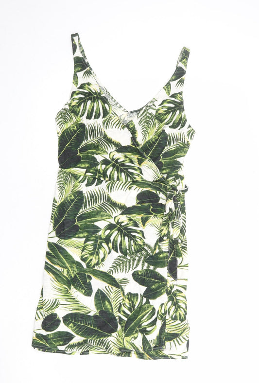 H&M Womens Multicoloured Geometric Cotton Tank Dress Size M V-Neck Tie - Leaf pattern