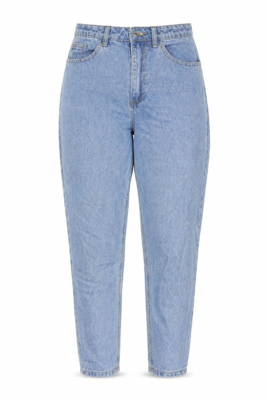 Front view of Missguided women’s blue cotton mom jeans, size UK 6, regular zip