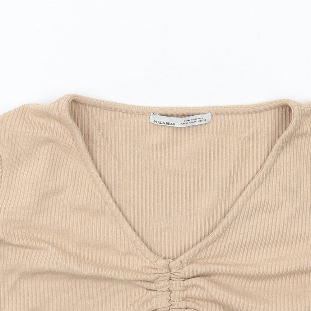 Womens UK Size M Pull&Bear Beige Cropped T-Shirt