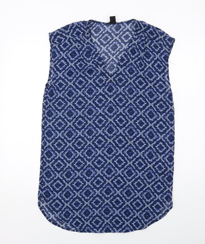 H&M Womens Blue Geometric Polyester A-Line Size 8 V-Neck Pullover