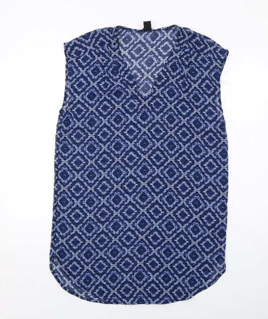 H&M Womens Blue Geometric Polyester A-Line Size 8 V-Neck Pullover