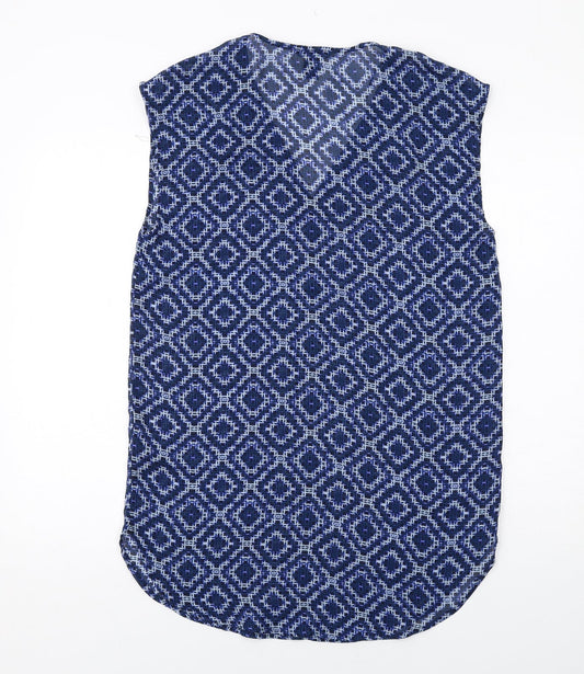 H&M Womens Blue Geometric Polyester A-Line Size 8 V-Neck Pullover