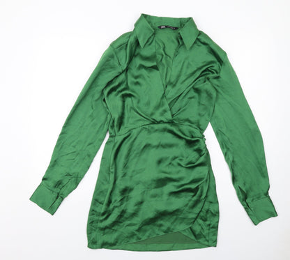 Zara Womens Green Polyester A-Line Size S Collared Zip