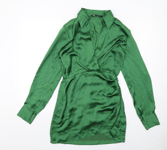 Zara Womens Green Polyester A-Line Size S Collared Zip