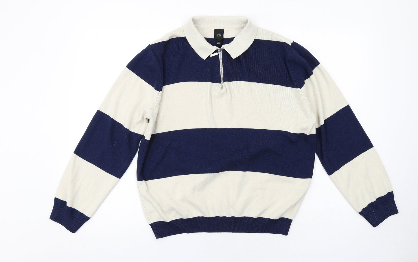 River Island Mens Ivory Collared Striped Acrylic Pullover Jumper Size M Long Sleeve