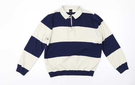 River Island Mens Ivory Collared Striped Acrylic Pullover Jumper Size M Long Sleeve