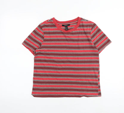 FOREVER 21 Womens Red Striped Cotton Basic T-Shirt Size S Boat Neck