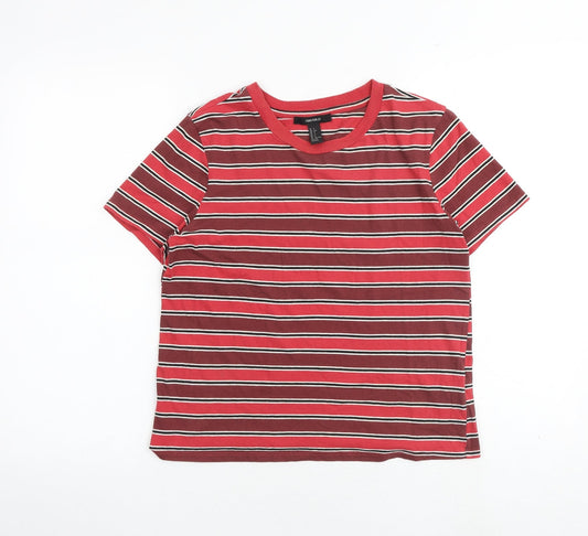 FOREVER 21 Womens Red Striped Cotton Basic T-Shirt Size S Boat Neck