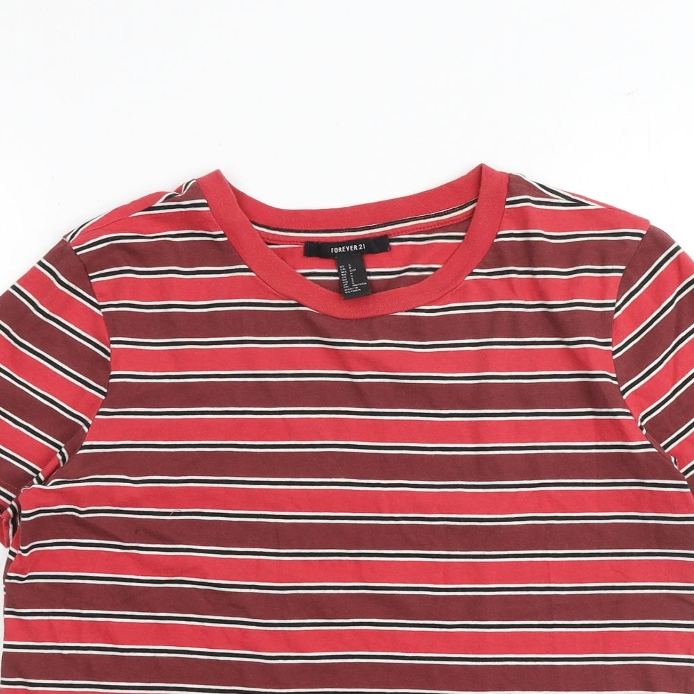 FOREVER 21 Womens Red Striped Cotton Basic T-Shirt Size S Boat Neck