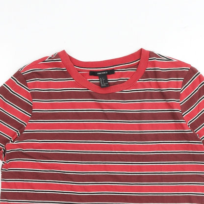 FOREVER 21 Womens Red Striped Cotton Basic T-Shirt Size S Boat Neck
