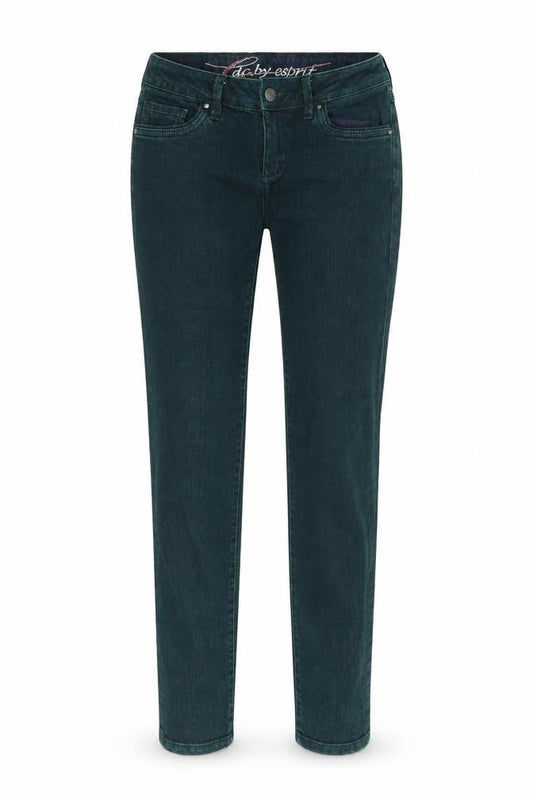 Front view of EDC women’s green cotton skinny jeans, size UK 28, in, 32-inch leg regular zip