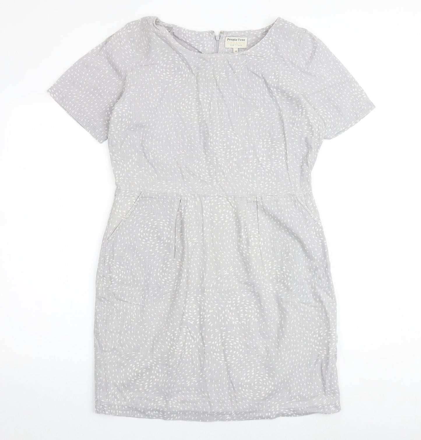 People Tree Womens Grey Geometric 100% Cotton Shift Size 14 Round Neck Zip