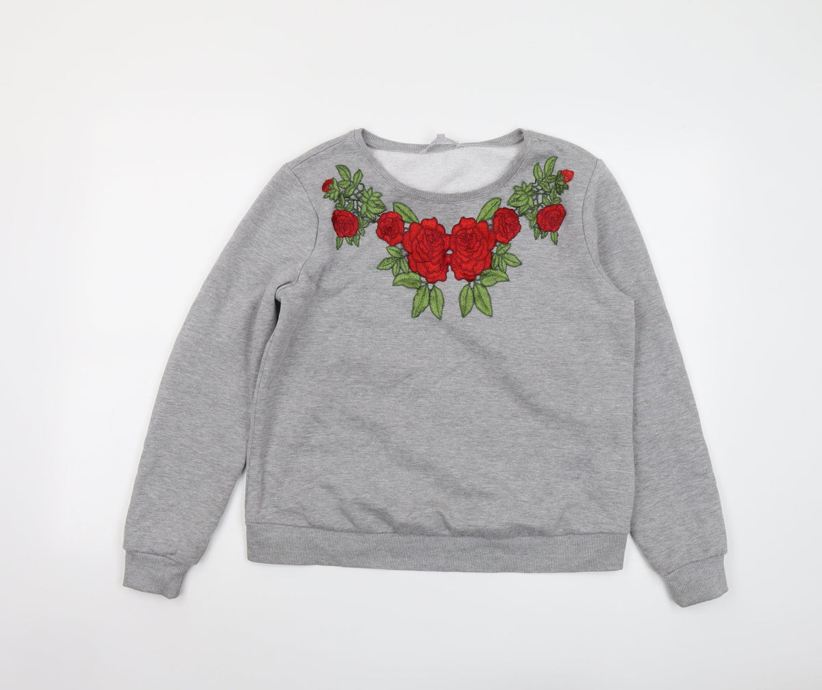 Additional front view of Red Herring women’s grey polyester pullover sweatshirt, size UK 14, pullover - flower detail