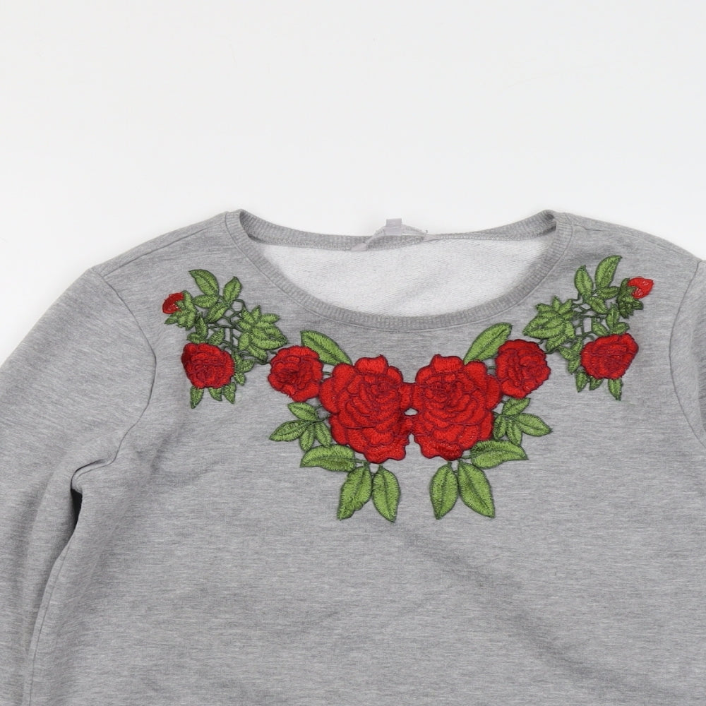 Close-up detail of Red Herring women’s grey polyester pullover sweatshirt, size UK 14, pullover - flower detail