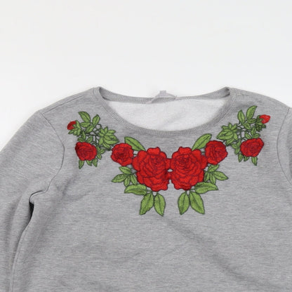 Close-up detail of Red Herring women’s grey polyester pullover sweatshirt, size UK 14, pullover - flower detail