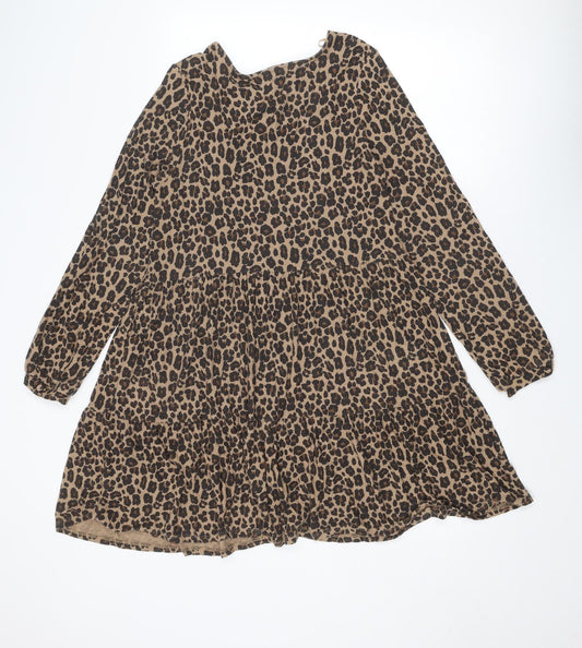 NEXT Womens Brown Animal Print Viscose Skater Dress Size S Round Neck Pullover - Leopard pattern